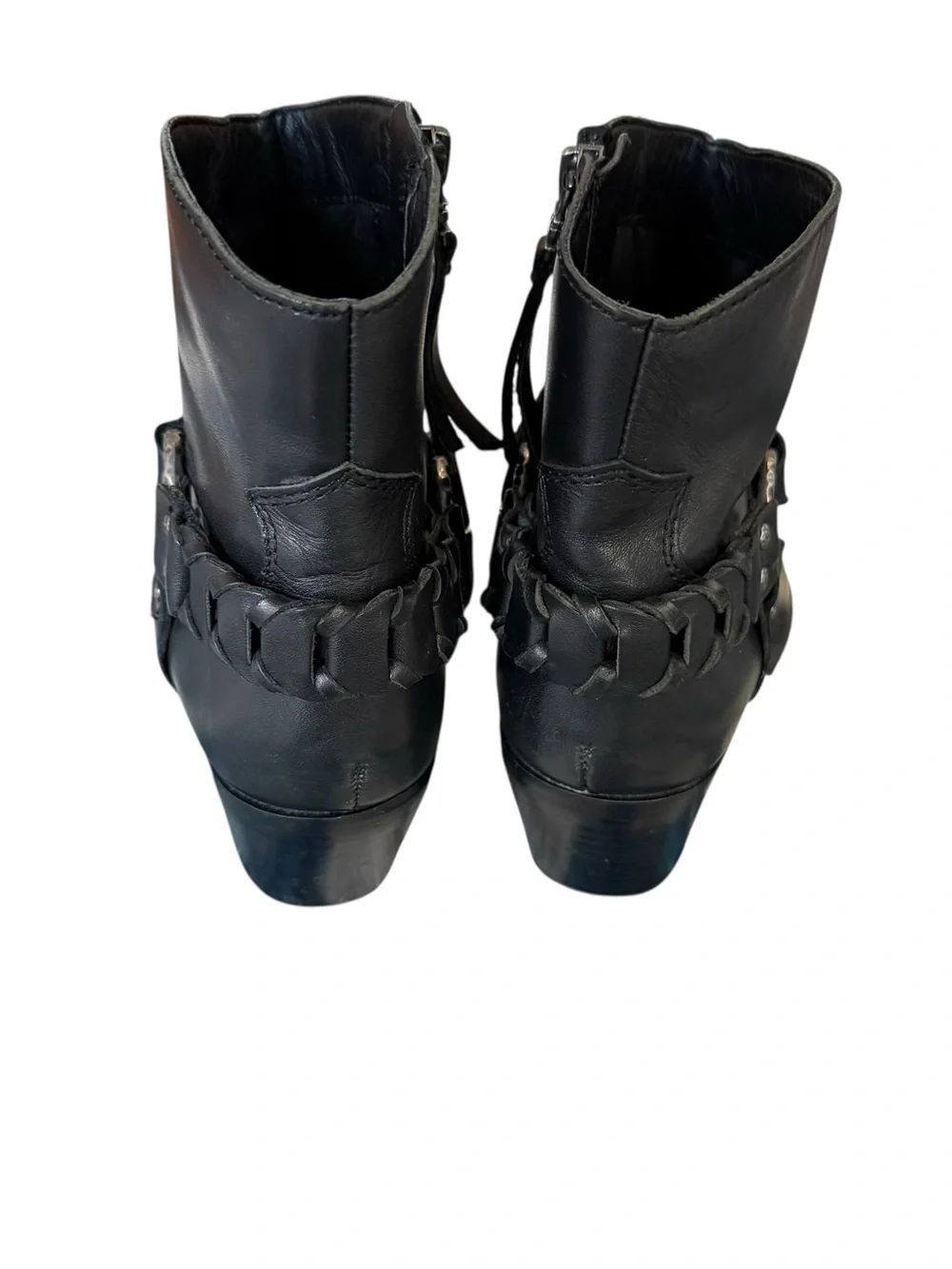 Sam Edelman Riker Vaquero Saddle Black Leather Pointed Toe Harness Ankle Boots